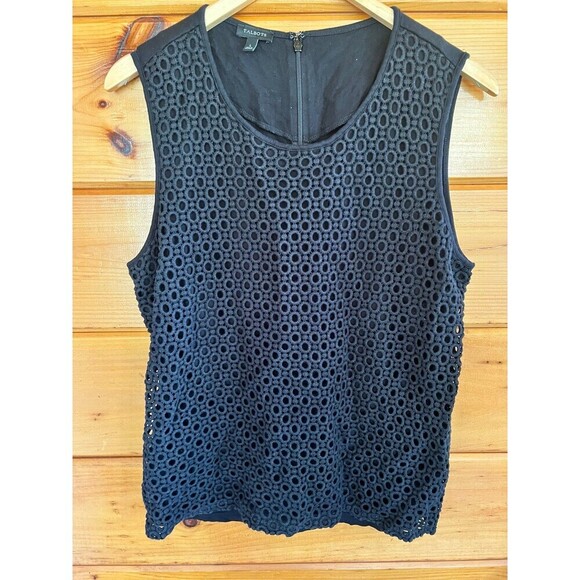Talbots Petites Black Sleeveless Crochet Front Circle Design Tank Top Size L - Picture 1 of 4